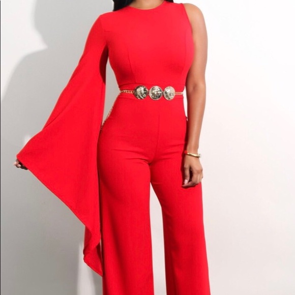 one sleeve red jumpsuit